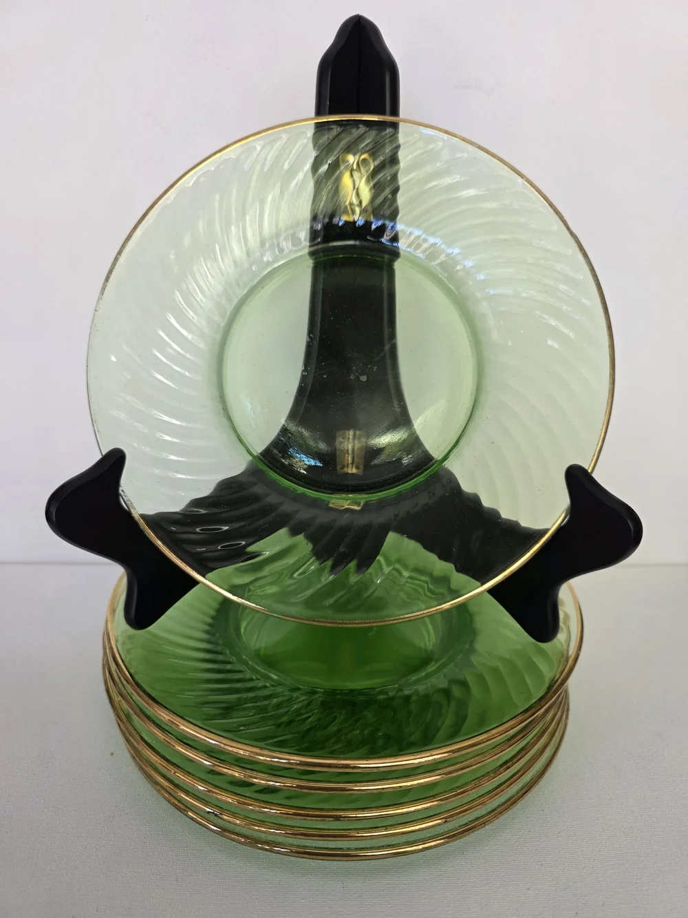 Vintage Hocking Green Glass Dinner Saucers with Gold Rim - Set of 6